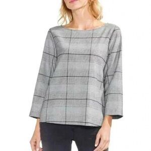 Vince Camuto Grey Windowpane Plaid Long Sleeve Boatneck Blouse Size Large